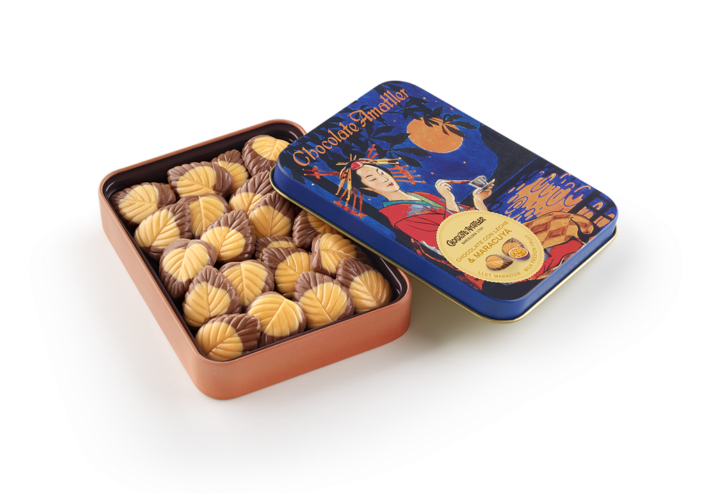 *Boite cadeau métal feuilles choc lait et fruits de la passion 60g x 5