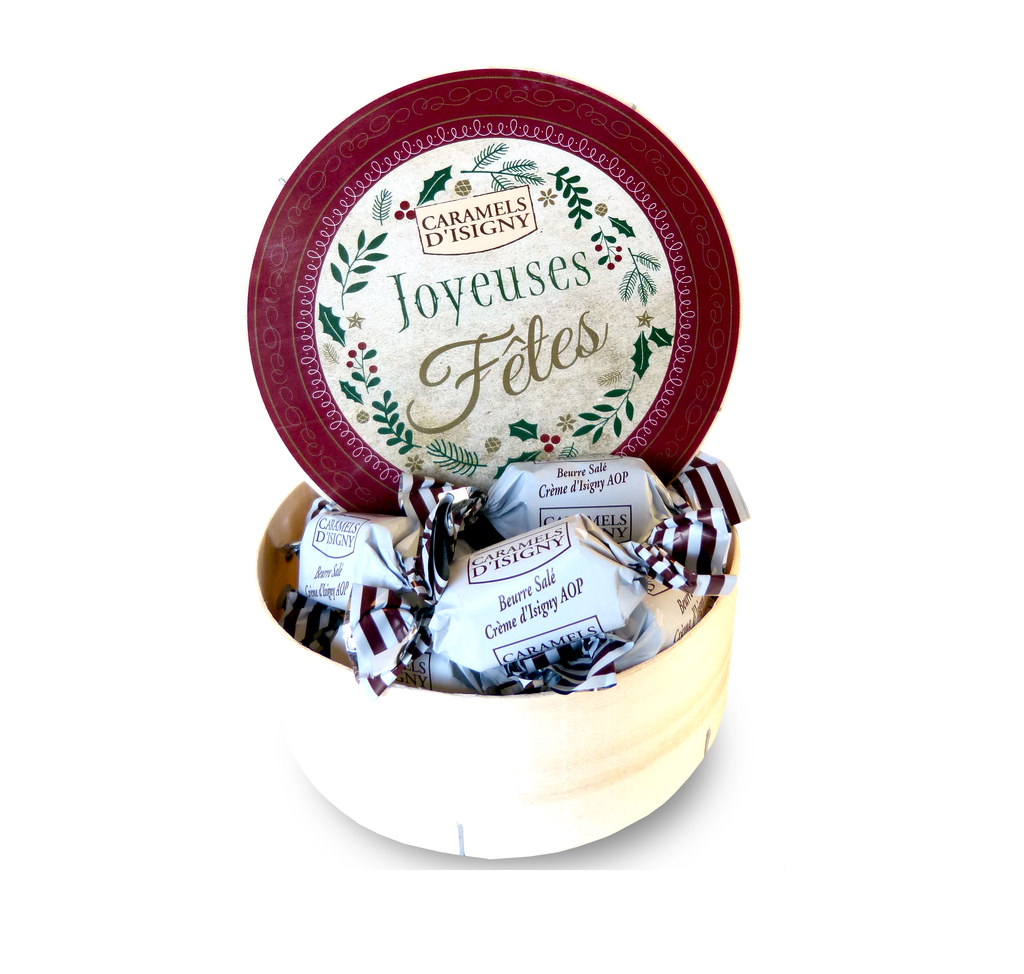 Boite bois ronde Noël caramel bs d'isigny 150g x 12