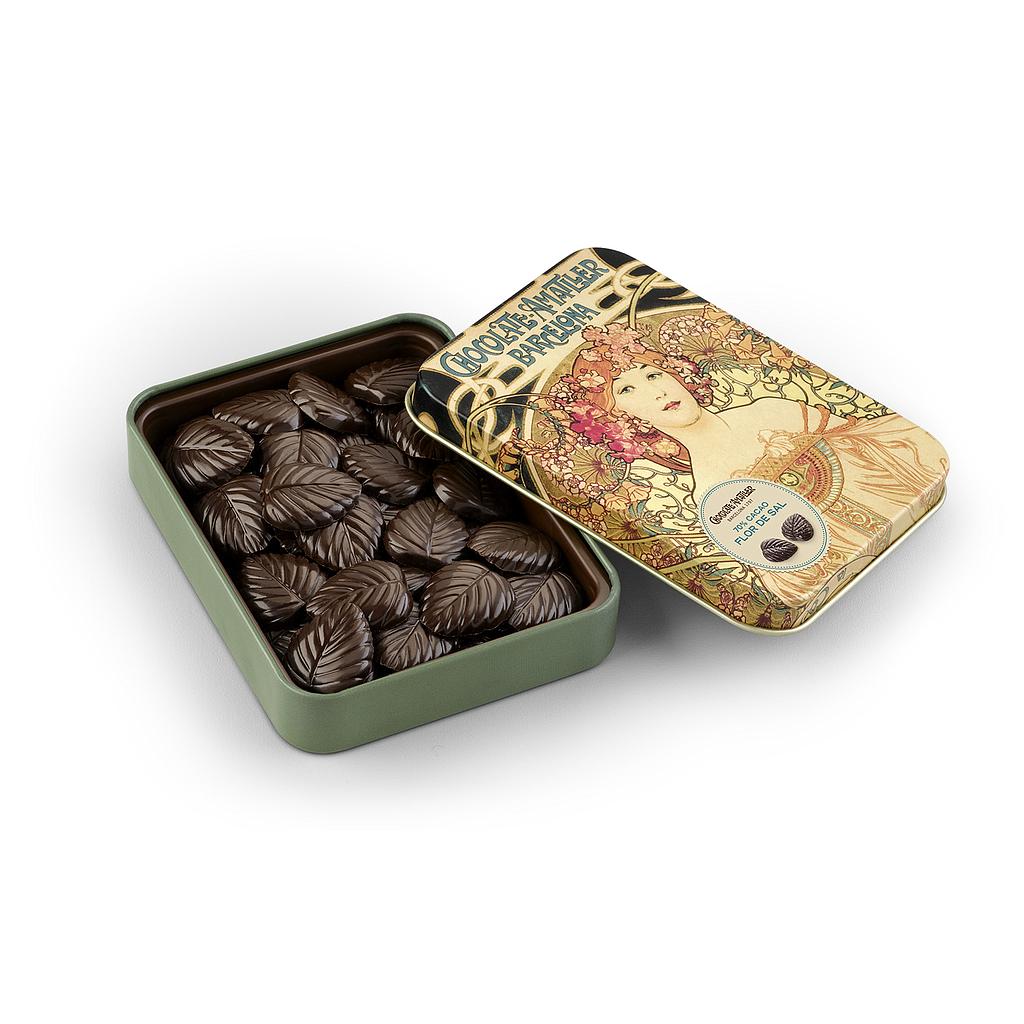 Boite cadeau métal feuilles choc noir 70%   60g x10