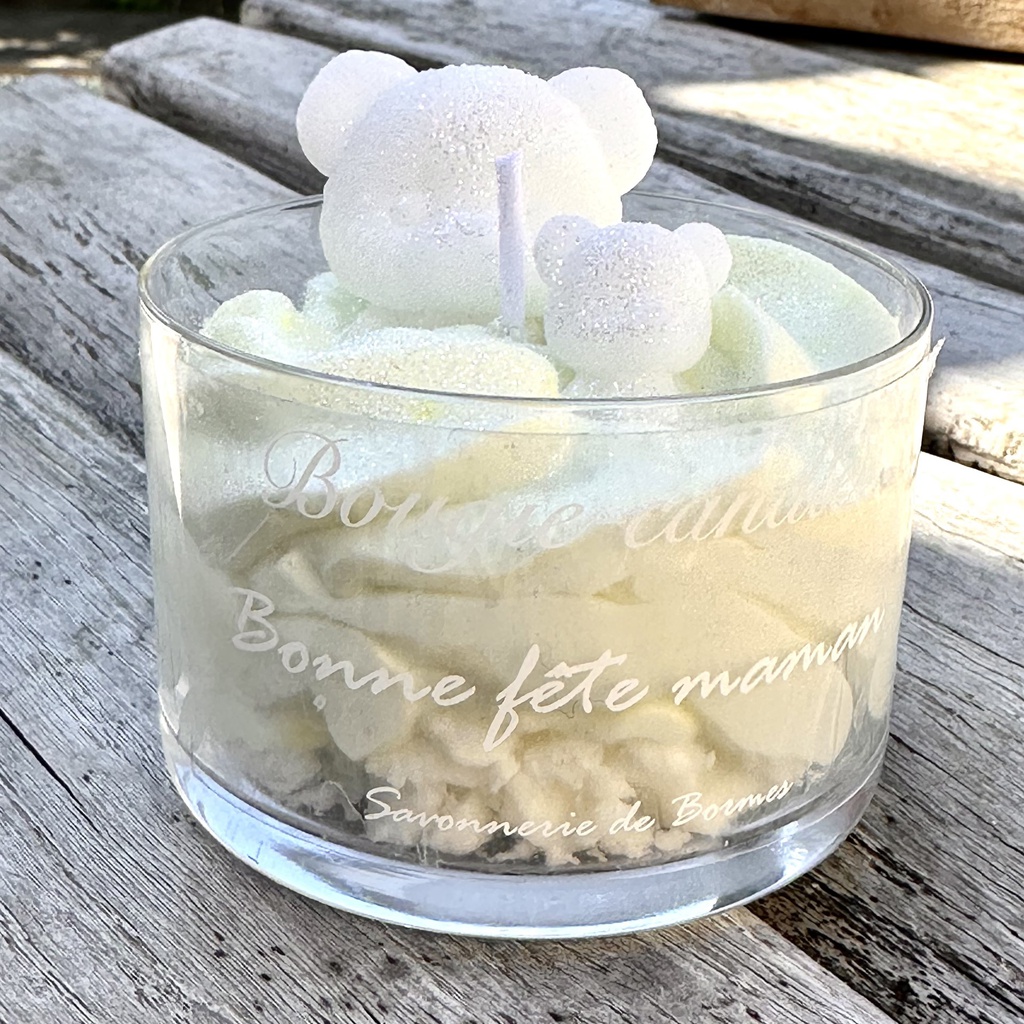 Bougie bonne fête maman verte pâle/ourson blanc 160gx4